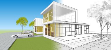 Modern ev mimarisi çizimi 3D illüstrasyon