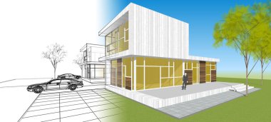 Modern ev mimarisi çizimi 3D illüstrasyon