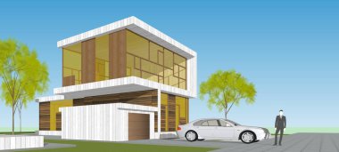 Modern ev mimarisi çizimi 3D illüstrasyon