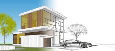 Modern ev mimarisi çizimi 3D illüstrasyon