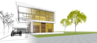 Modern ev mimarisi çizimi 3D illüstrasyon