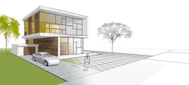 Modern ev mimarisi çizimi 3D illüstrasyon