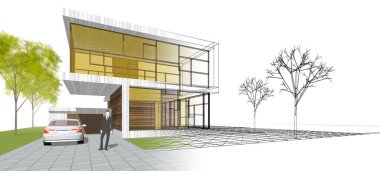 Modern ev mimarisi çizimi 3D illüstrasyon