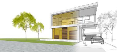 Modern ev mimarisi çizimi 3D illüstrasyon