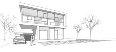 Modern ev mimarisi çizimi 3D illüstrasyon