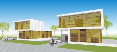 Modern ev mimarisi çizimi 3D illüstrasyon