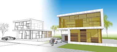 Modern ev mimarisi çizimi 3D illüstrasyon