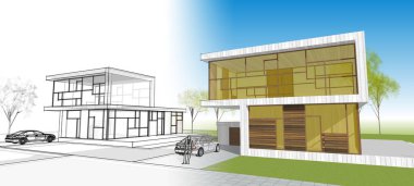 Modern ev mimarisi çizimi 3D illüstrasyon