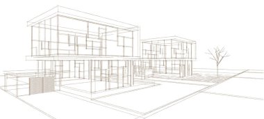 Modern ev mimarisi çizimi 3D illüstrasyon