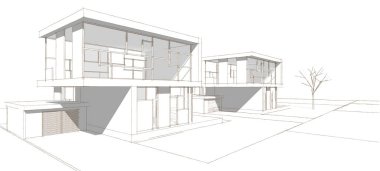 Modern ev mimarisi çizimi 3D illüstrasyon