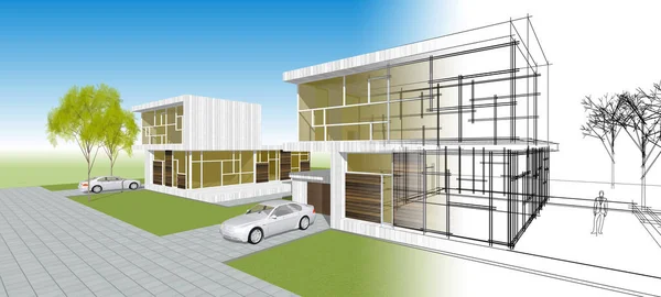 Современный Дом Архитектурный Эскиз Иллюстрация — стоковое фото