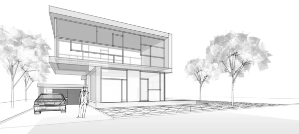 Modern Hus Arkitektonisk Skiss Illustration — Stockfoto