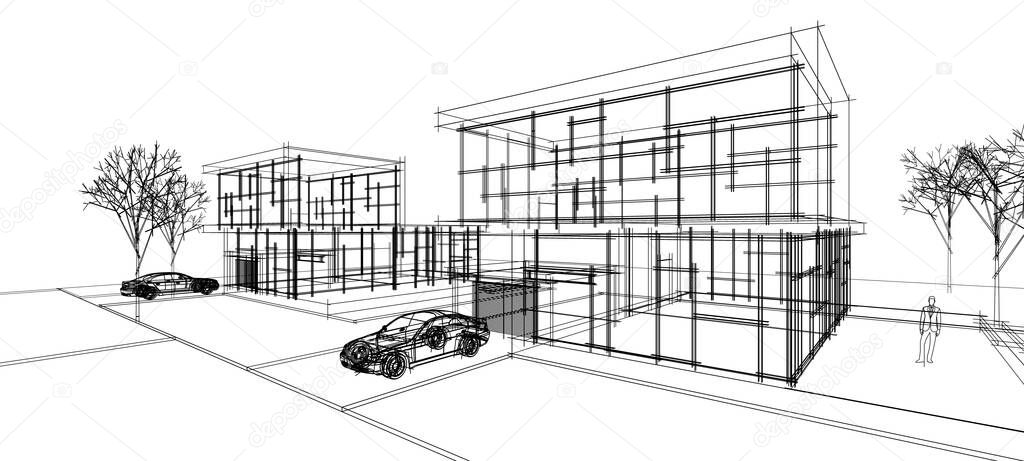 modern house architectural sketch 3d illustration