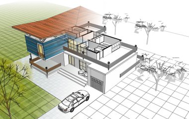 ev mimarisi projesi çizimi 3d illüstrasyon