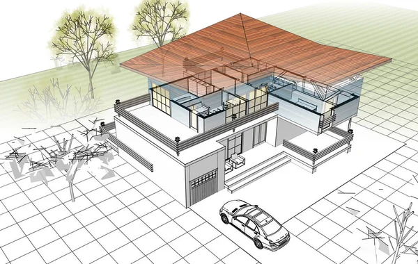 ev mimarisi projesi çizimi 3d illüstrasyon