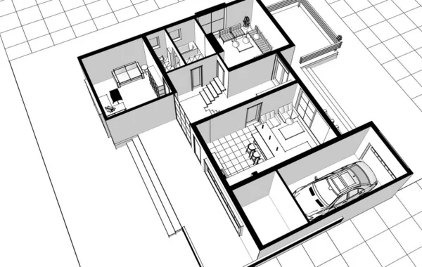 房屋建筑草图3D图解 — 图库照片