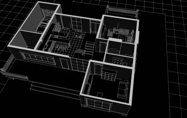 Casa Moderna Projeto Arquitetônico Esboço Ilustração — Fotografia de Stock