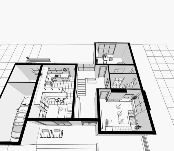 现代房屋建筑草图3D插图 — 图库照片