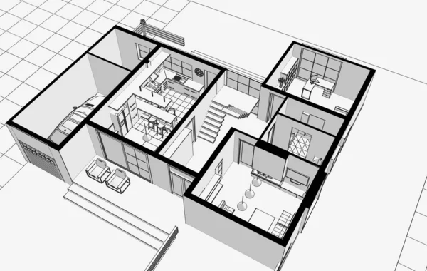 Nowoczesny Dom Projekt Architektoniczny Szkic Ilustracja — Zdjęcie stockowe