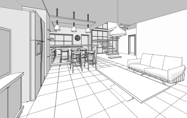 Interior Cocina Sala Estar Ilustración — Foto de Stock