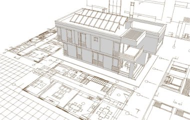 Modern ev mimari projesi çizimi 3D illüstrasyon