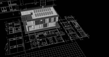 Modern ev mimari projesi çizimi 3D illüstrasyon