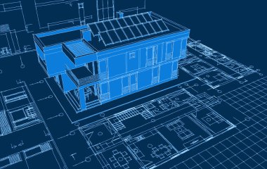 Modern ev mimari projesi çizimi 3D illüstrasyon