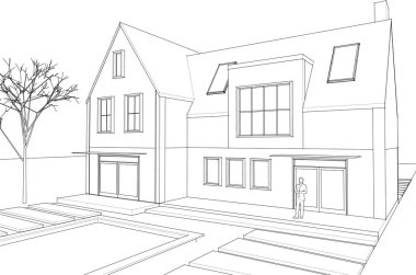 ev mimarisi çizimi 3d illüstrasyon, vektör illüstrasyonu