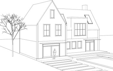 ev mimarisi çizimi 3d illüstrasyon, vektör illüstrasyonu