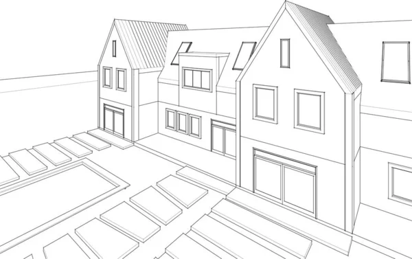 Townhouse Architectonische Project Schets Vector Illustratie — Stockvector