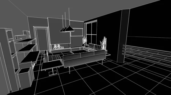 Interior Ruang Tamu Perapian Rendering — Stok Foto