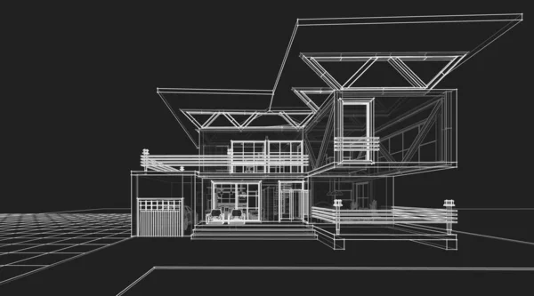 房屋建筑草图3D插图 — 图库照片