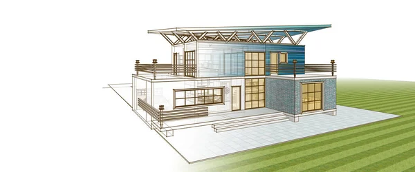 房屋建筑草图3D插图 — 图库照片