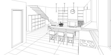 İç mutfak oturma odası 3D görüntü