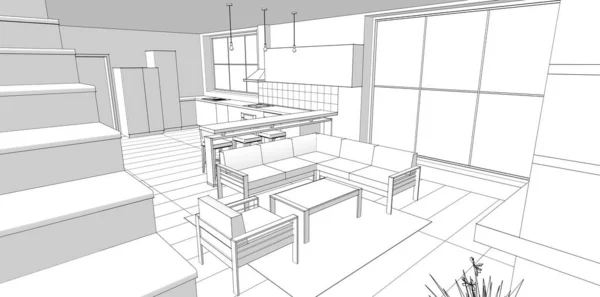 Interior Ruang Tamu Perapian Rendering — Stok Foto