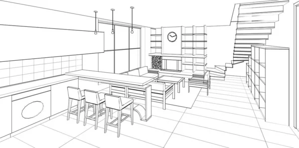 Interior Ruang Tamu Perapian Rendering — Stok Foto