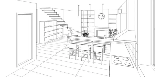 Внутренняя Кухня Гостиная Иллюстрация — стоковое фото