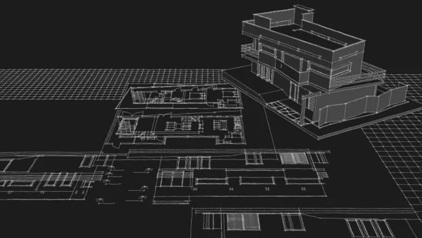 房屋建筑草图3D图解 — 图库照片