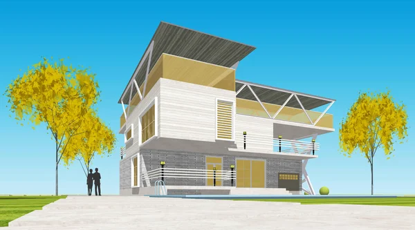 带主机的现代建筑房子3D插图 — 图库照片