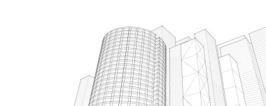 Modern mimari gökdelenler 3D illüstrasyon, düz cephe şekilleri ve eğri kule