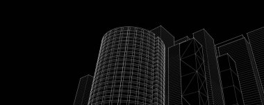 Modern mimari gökdelenler 3D illüstrasyon, düz cephe şekilleri ve eğri kule