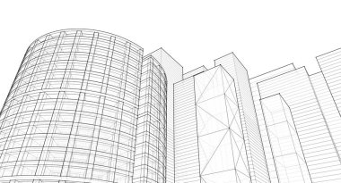 Modern mimari gökdelenler 3D illüstrasyon, düz cephe şekilleri ve eğri kule