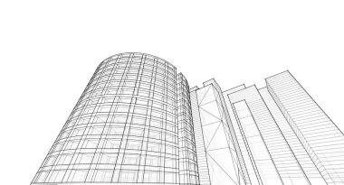Modern mimari gökdelenler 3D illüstrasyon, düz cephe şekilleri ve eğri kule