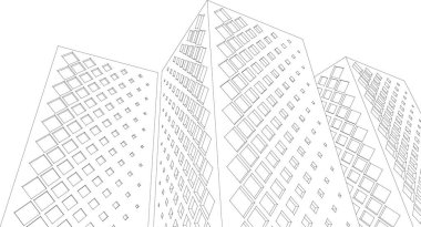 Modern mimari gökdelenleri 3D illüstrasyon, düz cephe şekilleri
