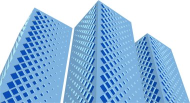 Modern mimari gökdelenleri 3D illüstrasyon, düz cephe şekilleri
