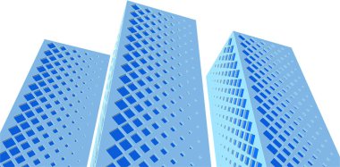 Modern mimari gökdelenleri 3D illüstrasyon, düz cephe şekilleri