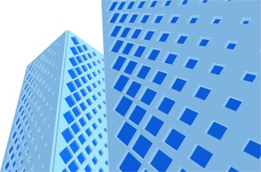 Modern mimari gökdelenleri 3D illüstrasyon, düz cephe şekilleri