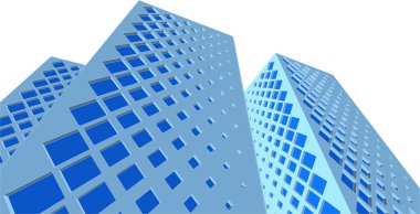 Modern mimari gökdelenleri 3D illüstrasyon, düz cephe şekilleri