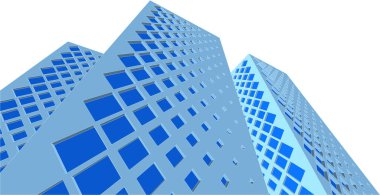 Modern mimari gökdelenleri 3D illüstrasyon, düz cephe şekilleri