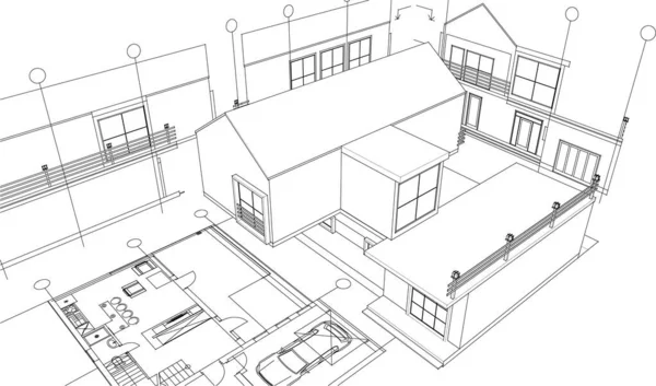 家の建築プロジェクト3Dイラスト — ストックベクタ